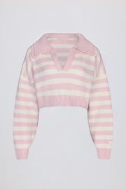 Oh Polly pull court maille douce rose rayé col V