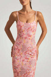 Oh Polly Tavira maxi robe rose sequins corail dos nu