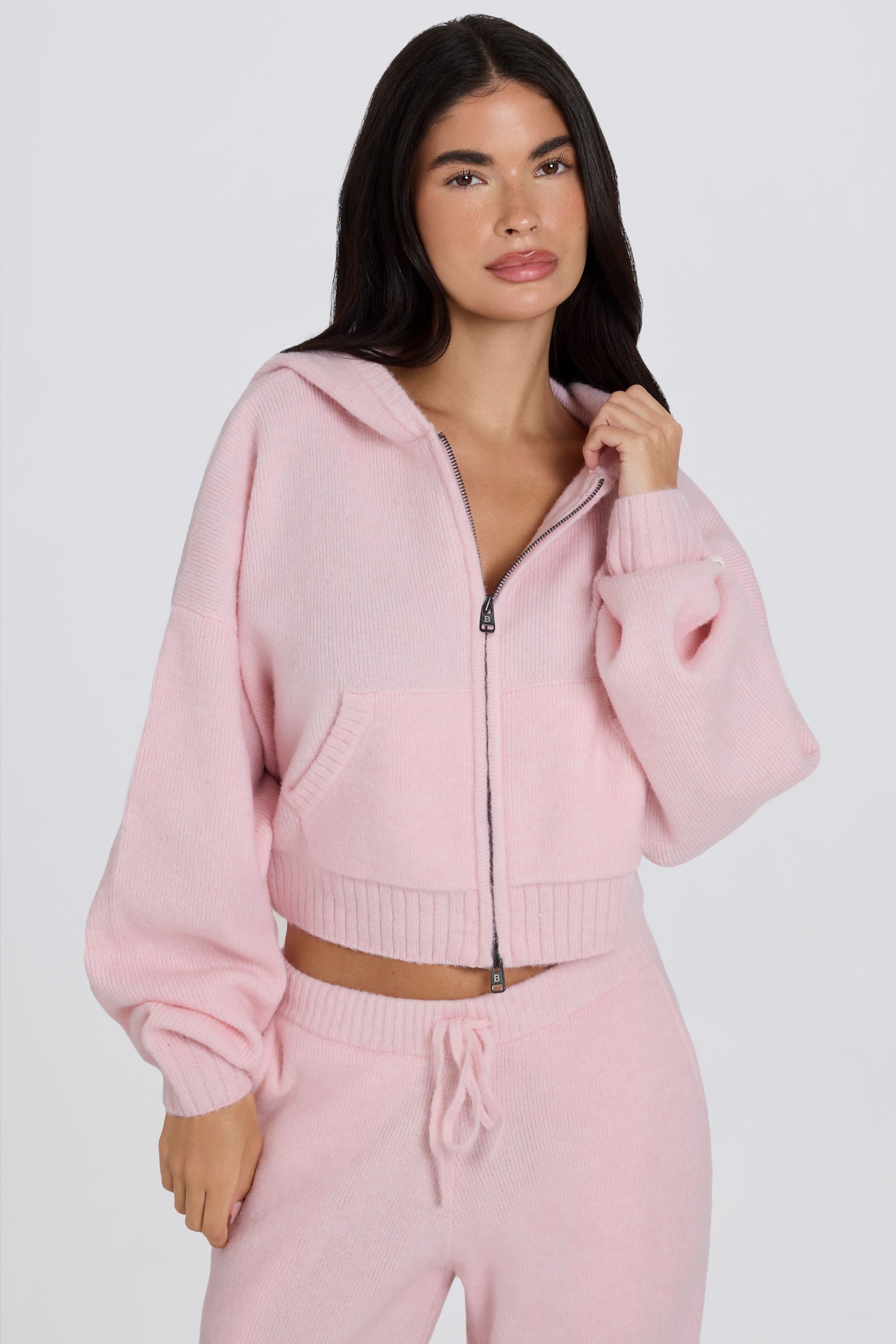 Oh Polly Knitwear BT02527 sweat capuche cropped rose Soft Pink