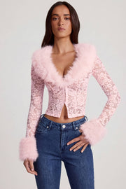 Oh Polly Noemy Sheer Lace Cardigan dentelle rose col fourrure court