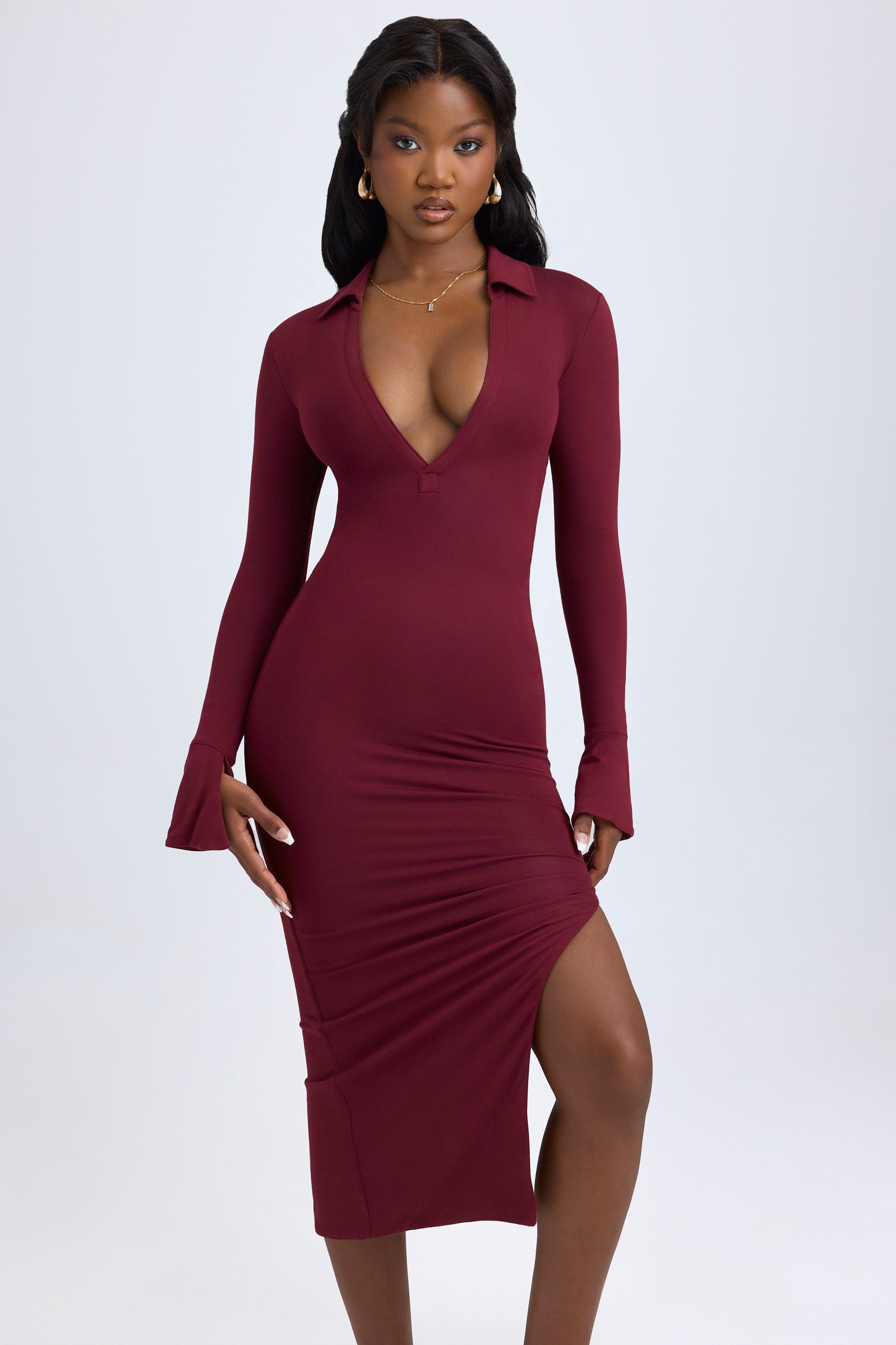 Oh Polly Yael robe midaxi bordeaux col V modal
