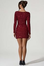 Oh Polly Sephina Robe mini sequins manches longues rouge