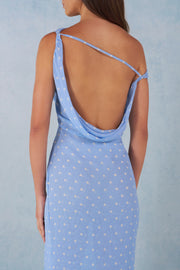 Oh Polly 16001 Robe Maxi Une Épaule Bleu Pois