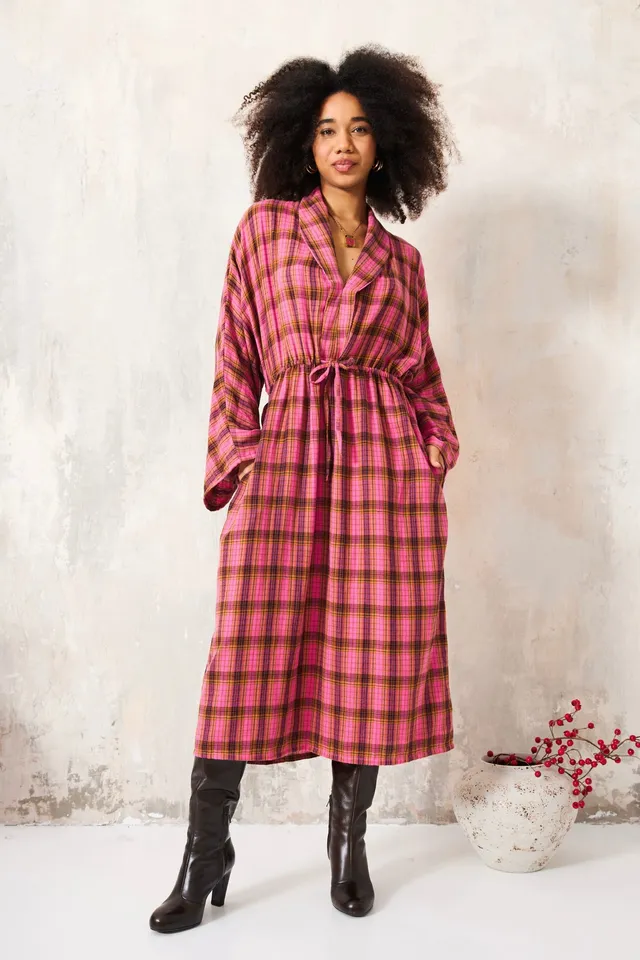 Chicosoleil Robes Winona robe longue rose carreaux coton