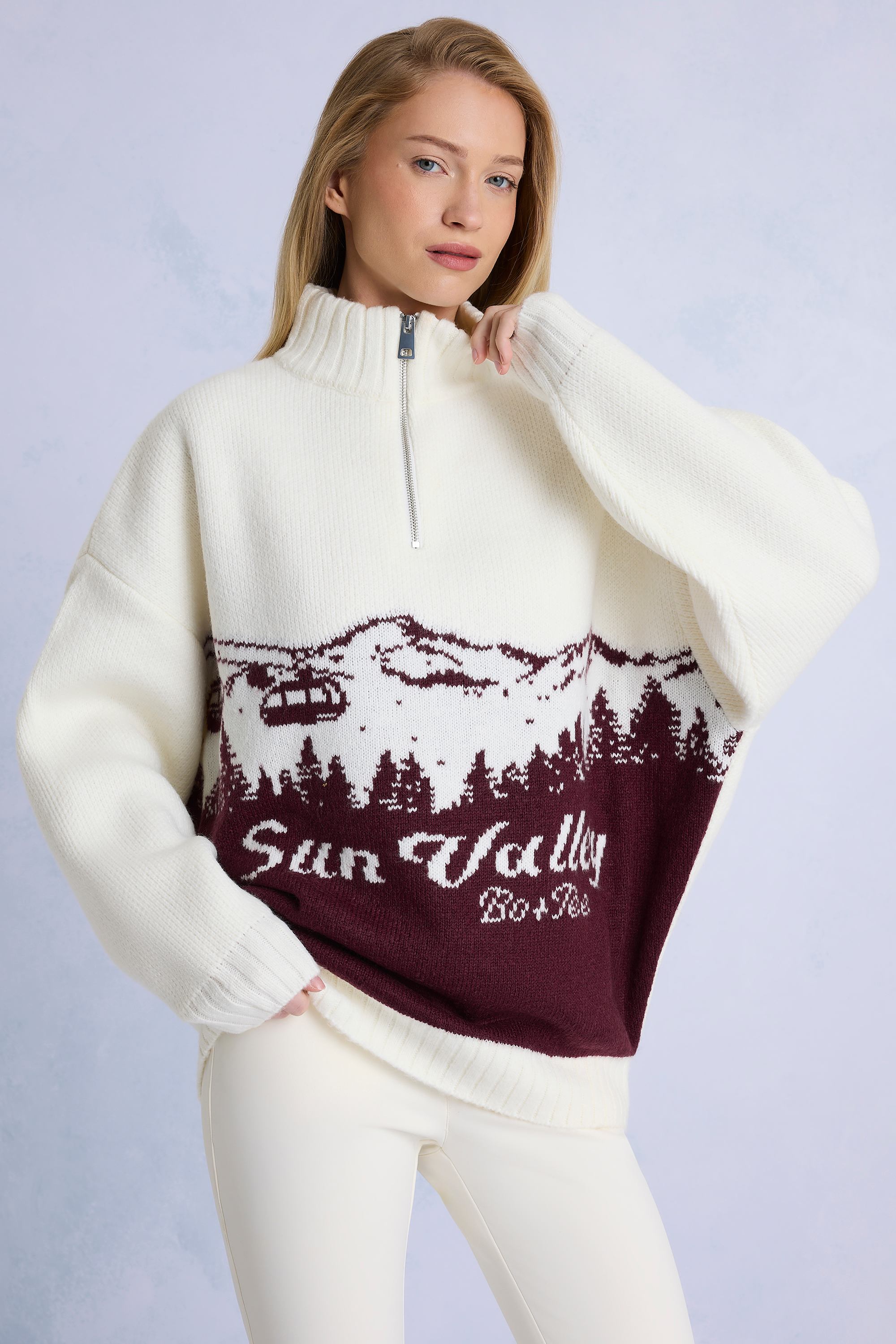 Oh Polly BT1850B pull bordeaux col roulé zip jacquard alpin
