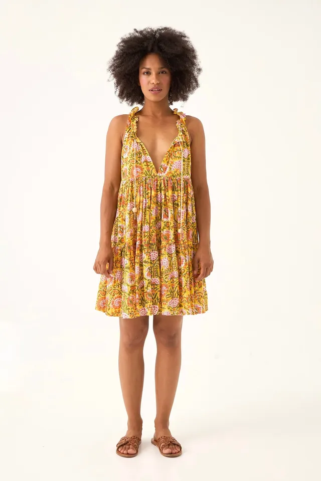 Chicosoleil Robe Ashlee gypsy batik jaune ocre coton