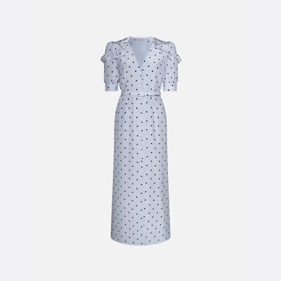 Alessandra Rich Polka-Dot Midi Dress robe bleu pois soie