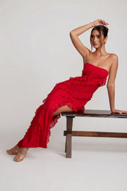 Oh Polly Nevali 5634 robe maxi rouge volants