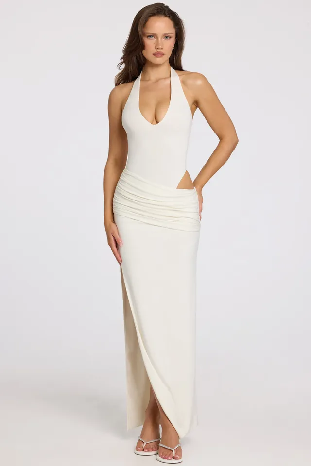 Oh Polly Deep Plunge Halterneck robe longue blanche découpe