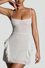 Oh Polly Domblans Robe Mini Blanche Perles Volants