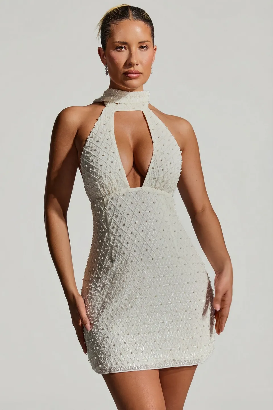 Oh Polly Henrietta Robe Mini Strass Blanche à Foulard