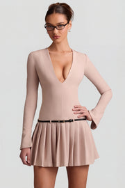 Oh Polly Fiorella robe mini plissée mushroom manches longues