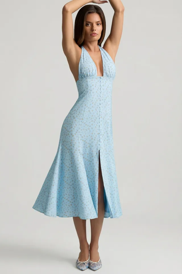 Oh Polly Elonia 14382 robe midaxi fleurie bleue dos nu