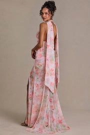 Oh Polly 15739 robe maxi rose fleurie strass foulard
