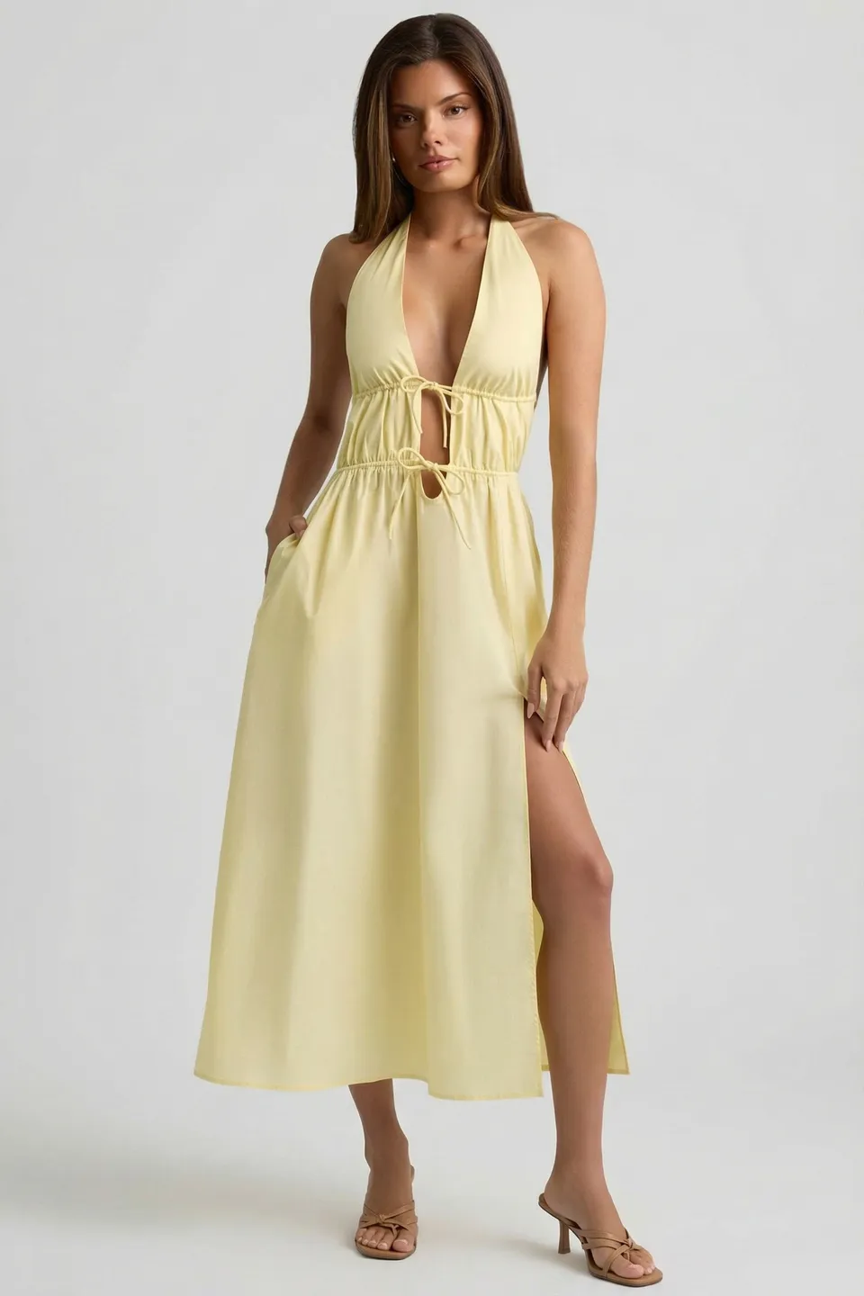 Oh Polly Aeris robe midaxi dos nu jaune citron coton