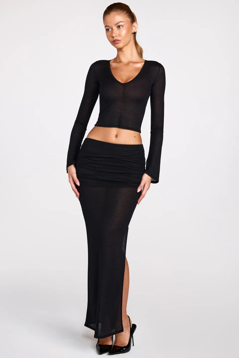 Oh Polly Diana jupe maxi transparente noire drapée