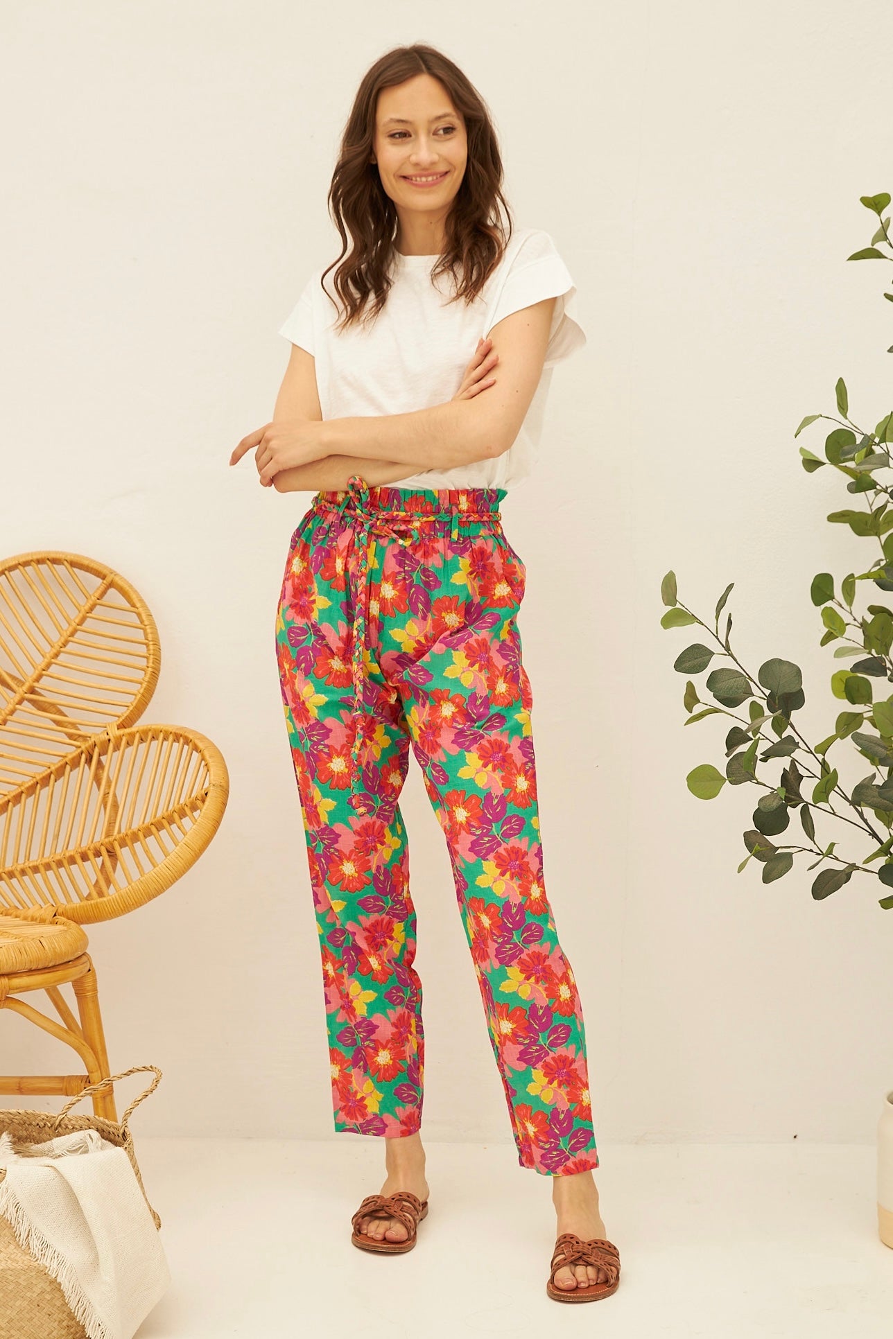 Chicosoleil Kory pantalon coton vert fleurs Jaipur