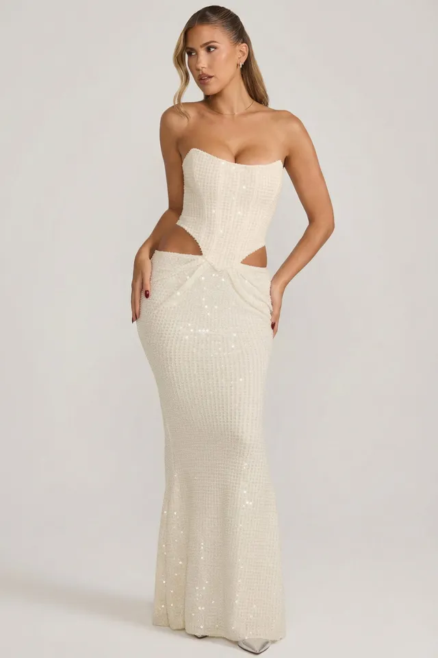 Oh Polly Saphira robe longue blanche sequins corset