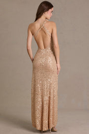 Oh Polly Embellished robe maxi asymétrique sable sequins