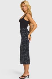 Oh Polly Oresta robe midi noire drapée jersey stretch