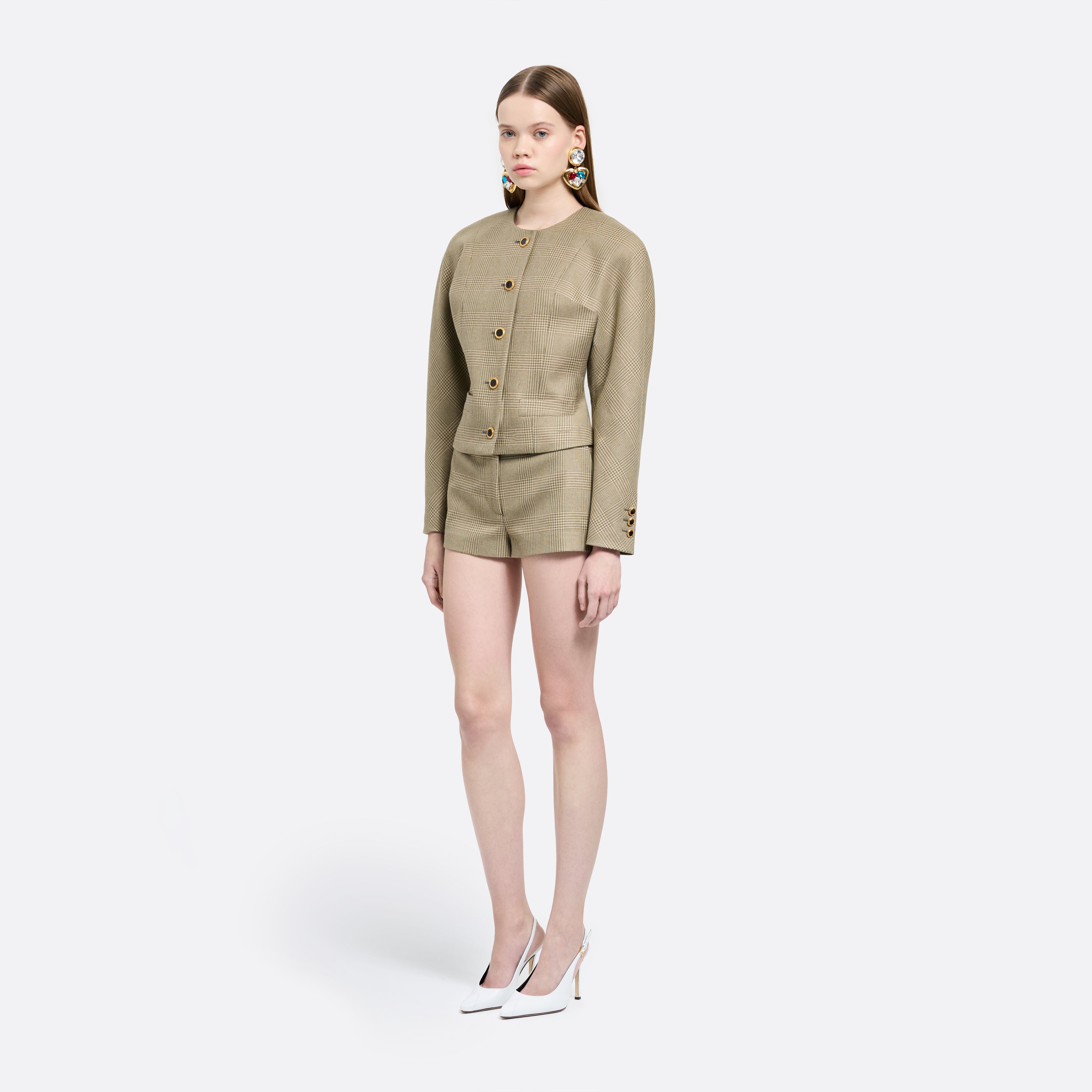 Alessandra Rich Prince of Wales Wool veste courte verte beige