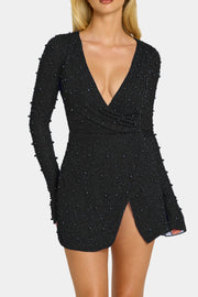 Oh Polly Chelsea Robe mini noire cache-cœur perlée