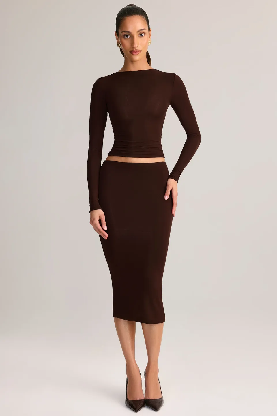 Oh Polly Aven Jupe Crayon Midi Marron Modal