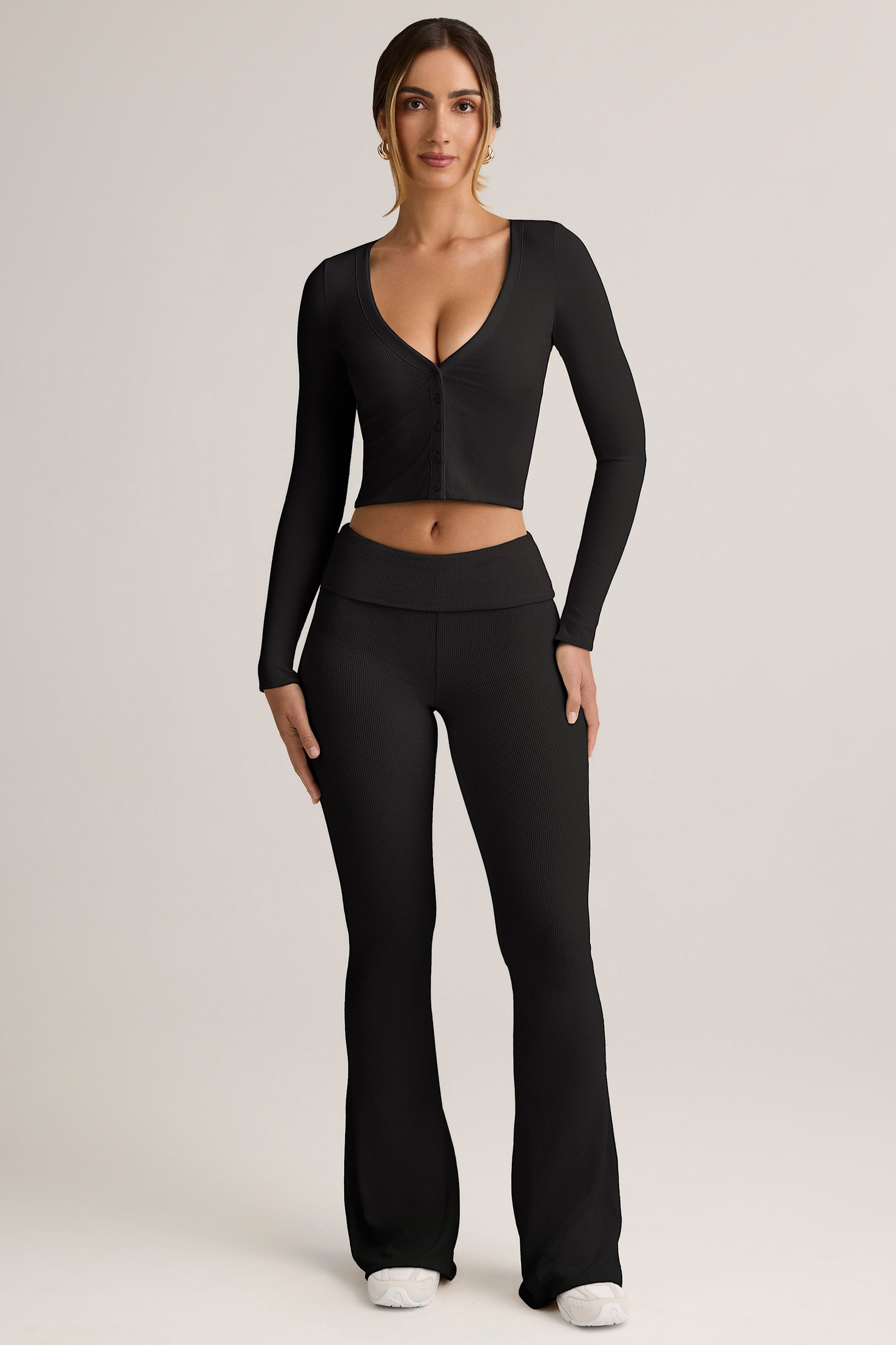Oh Polly Jules pantalon flare noir taille rabattue modal