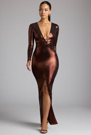 Oh Polly Safiya robe longue cuivre bronze jersey métallique