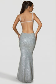 Oh Polly Embellished 12956 robe longue sirène argent Silver