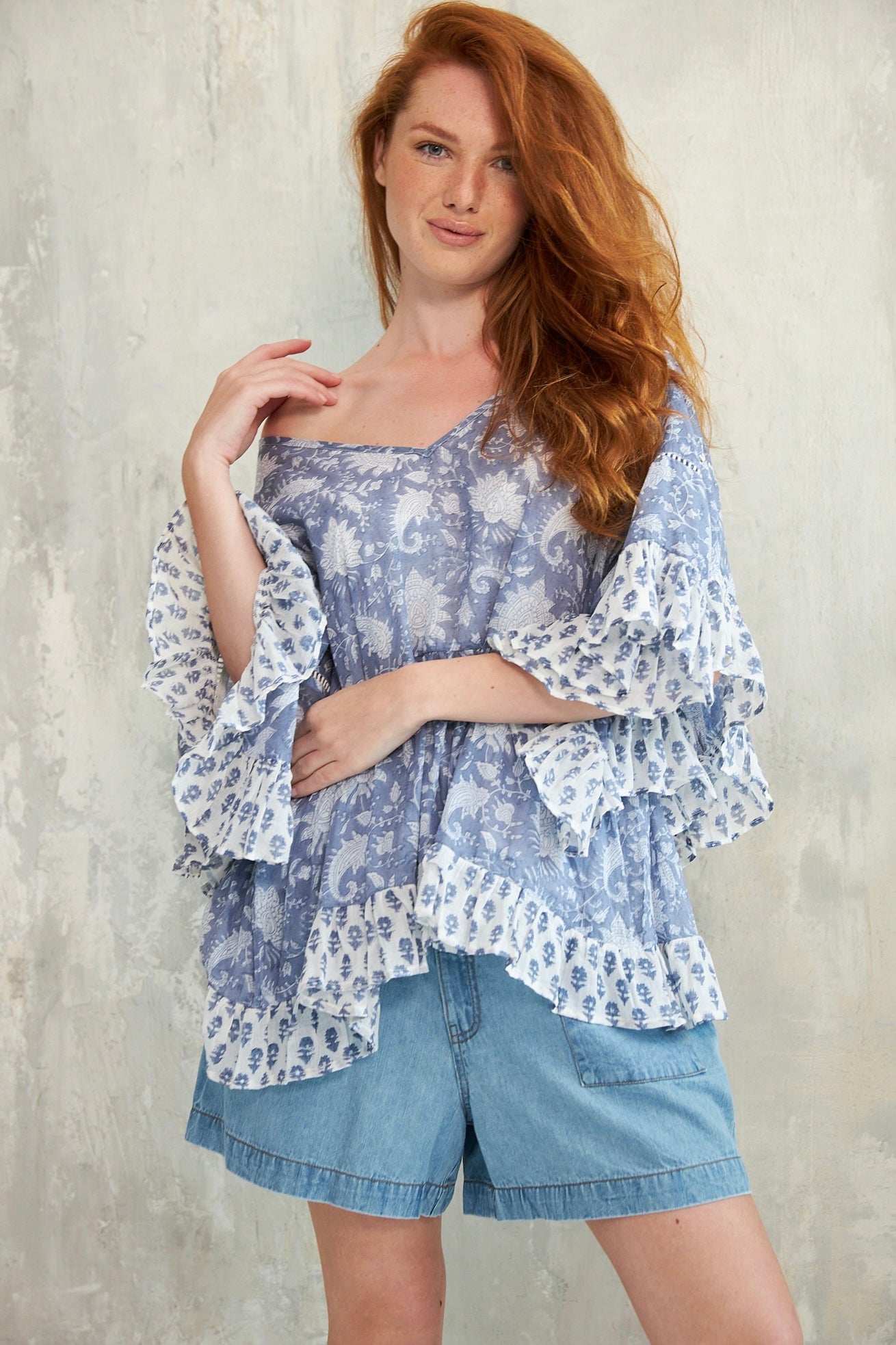 CHICOSOLEIL Pegan top bleu floral block print coton S/M