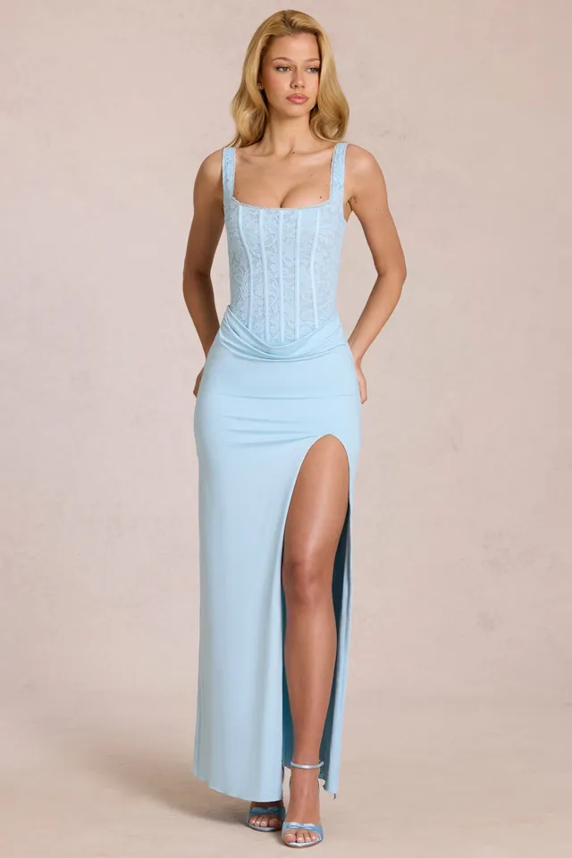 Oh Polly Zalia robe longue dentelle bleu poudre fendue