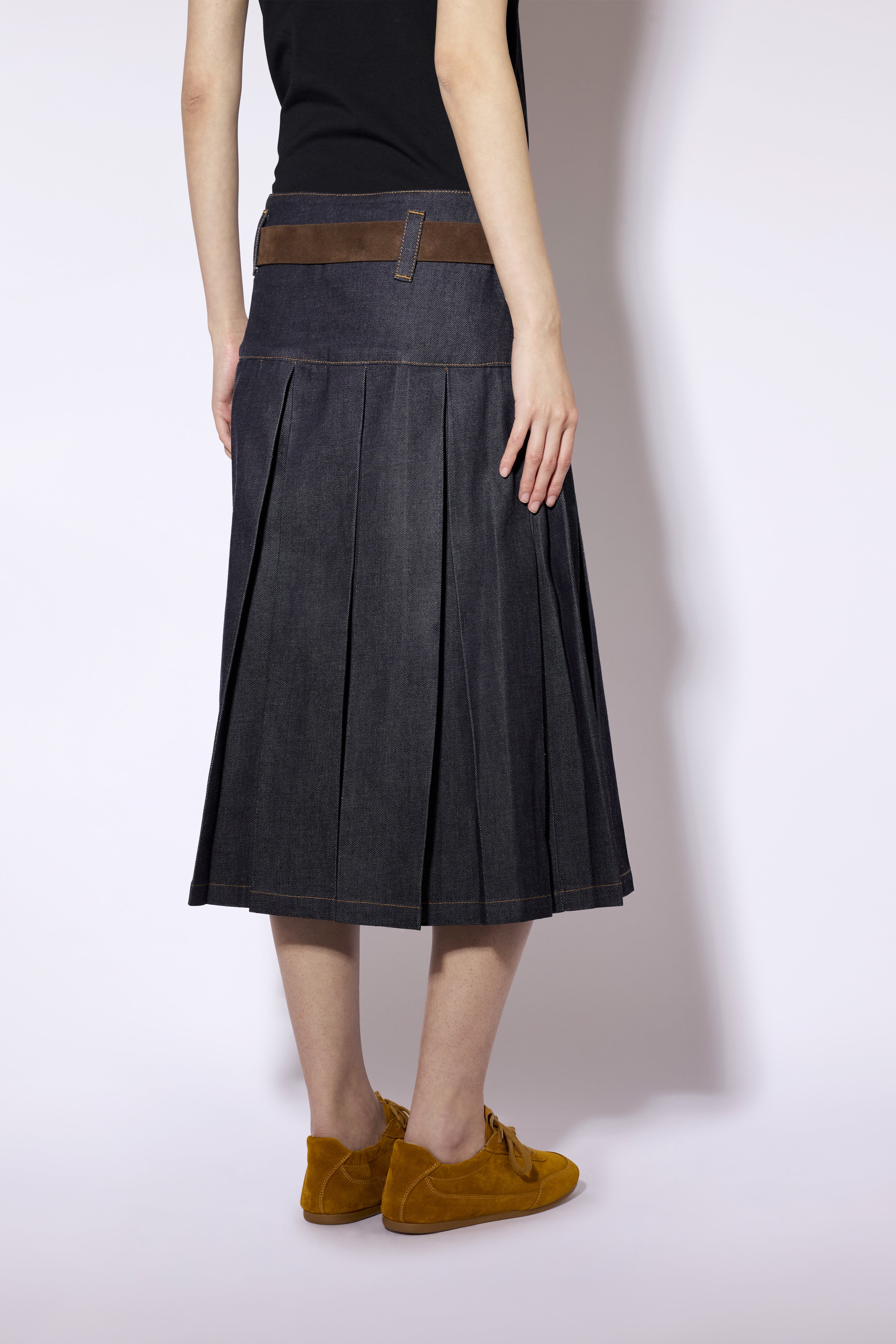Liviana Conti Wendy Jupe Denim Brut Midi Plissée Taille Haute