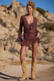 Oh Polly Meilani robe mini marron espresso manches longues
