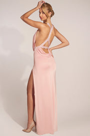 Oh Polly Robe Longue Rose Fendue Col Bénitier Strass