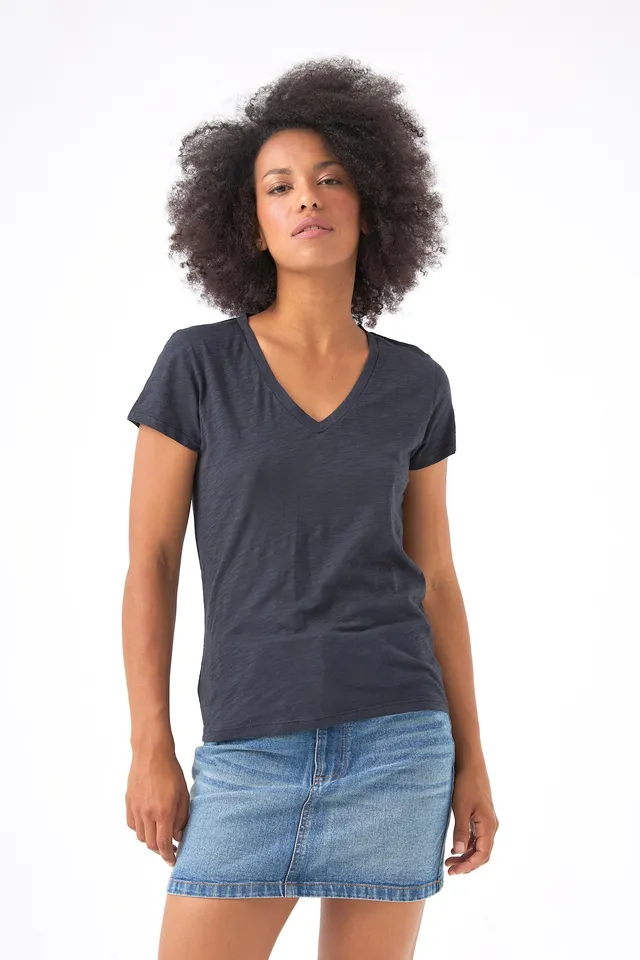 CHICOSOLEIL Roxane tee-shirt col V noir charcoal flanelle coton