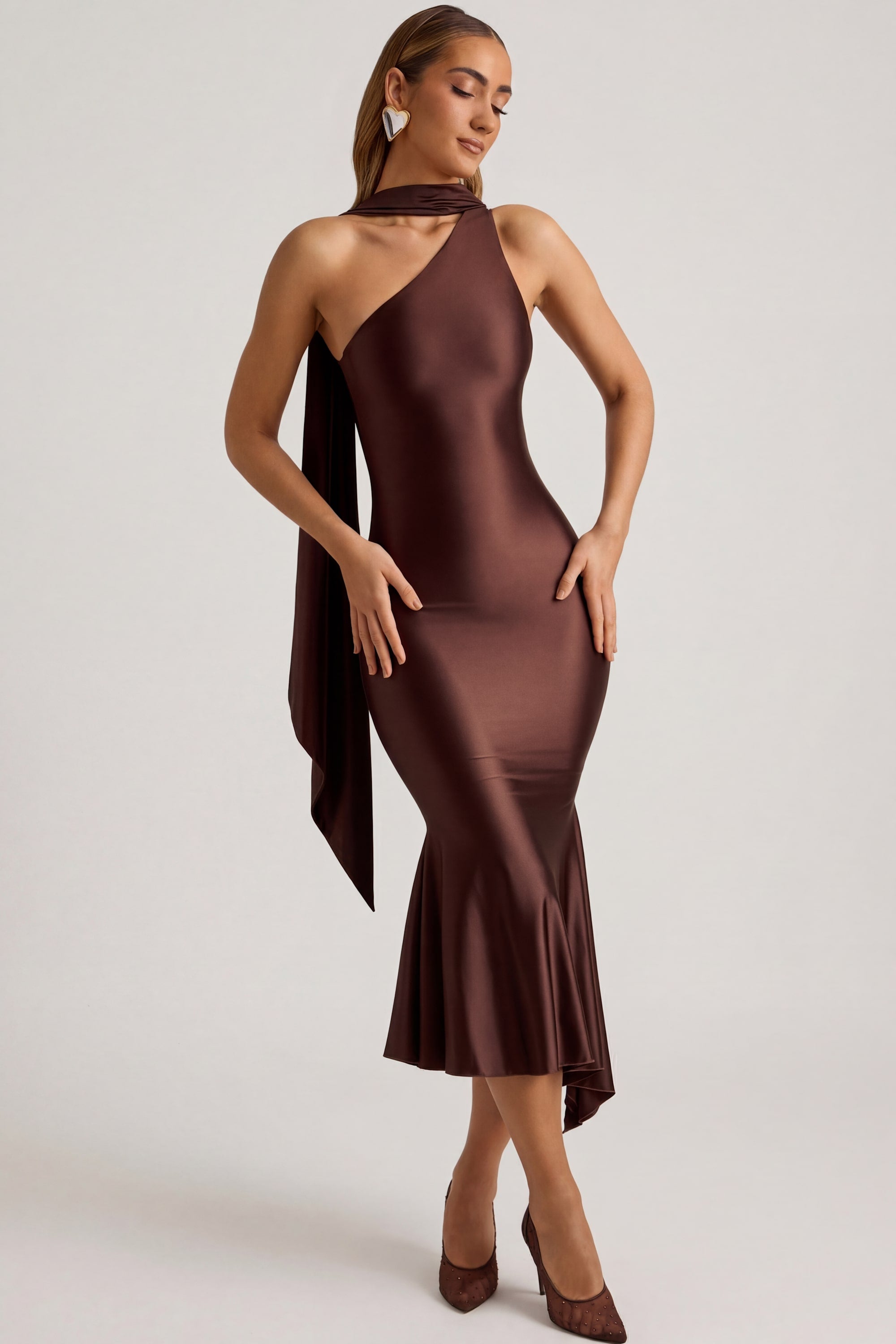 Oh Polly Shaya robe midaxi marron chocolat foulard