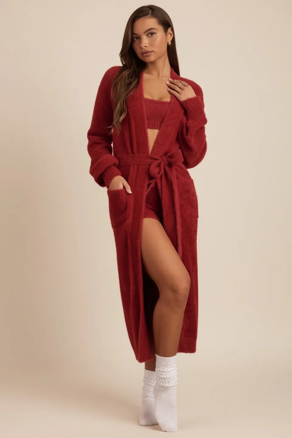 Oh Polly Priya gilet long maille douce rouge rubis