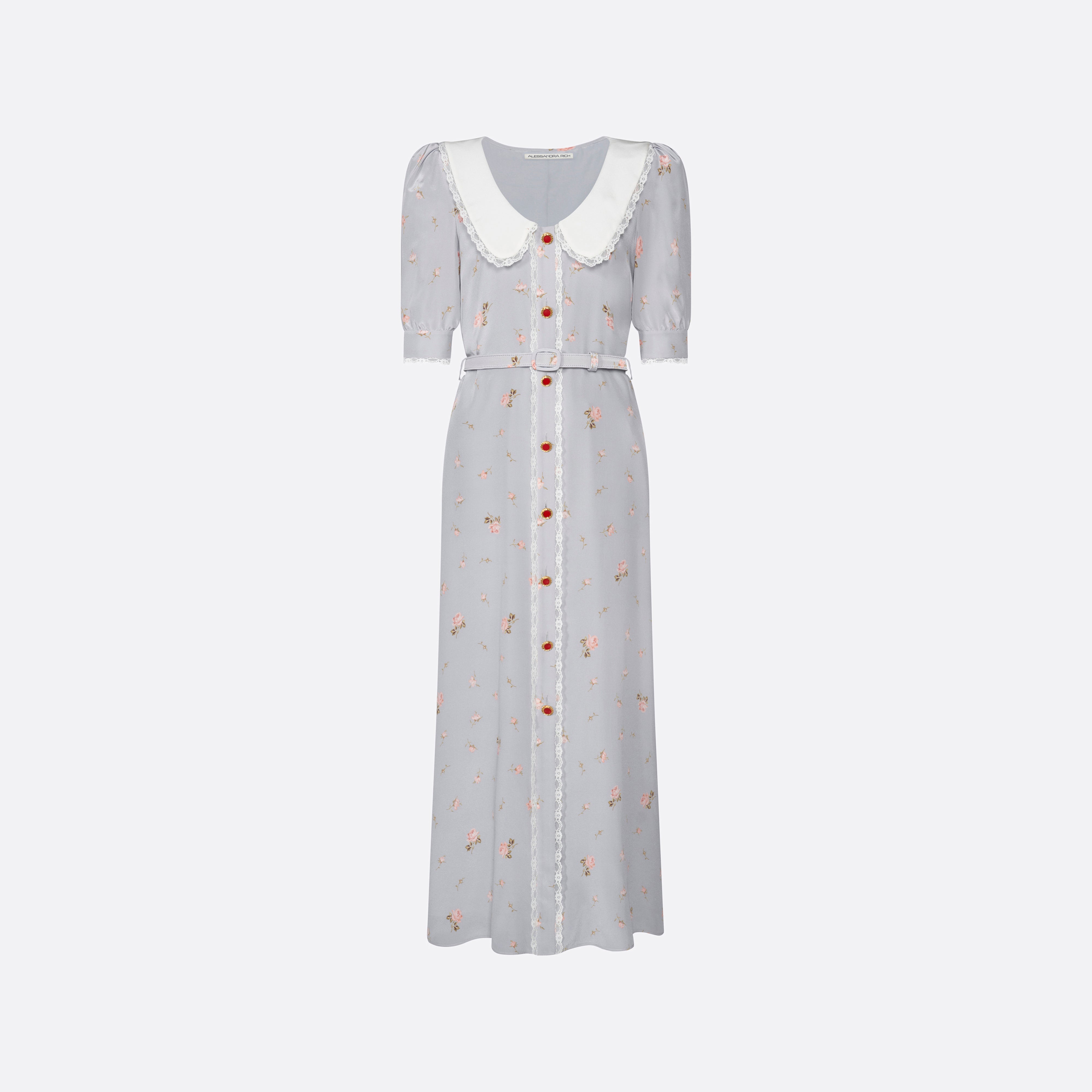 Alessandra Rich Floral Silk Midi robe soie gris rose taille 40