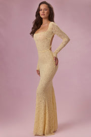 Oh Polly Isolde robe longue dentelle beurre manches longues