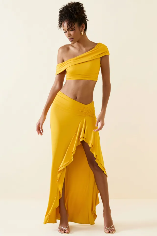 Oh Polly Imaan 11643 maxi jupe jaune volants fendue