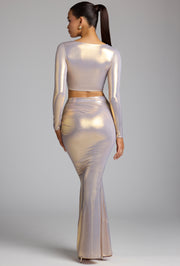 Oh Polly Zahra jupe longue maxi dorée jersey métallique