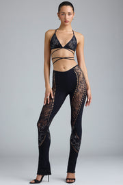 Oh Polly Stevie Pantalon Évasé Noir Strass Taille Mi-Haute