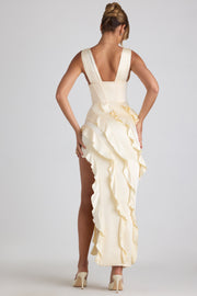 Oh Polly Ambrosia robe maxi ivoire satin corset fente