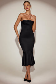 Oh Polly Belsa 15380 robe midi satin noire bustier dentelle