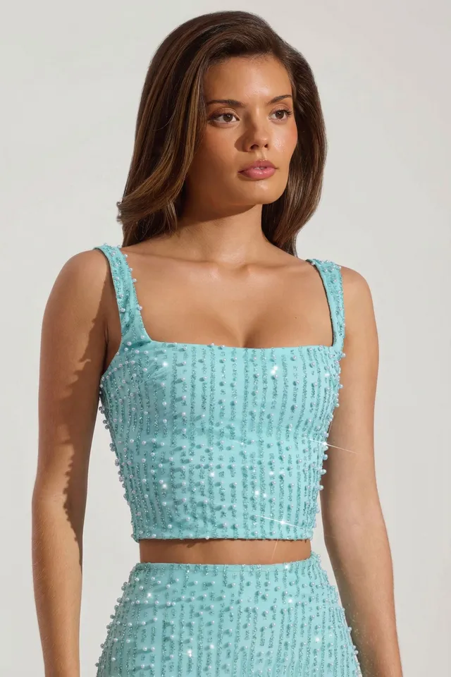 Oh Polly Lirael 14478 crop top col carré aquamarine perles