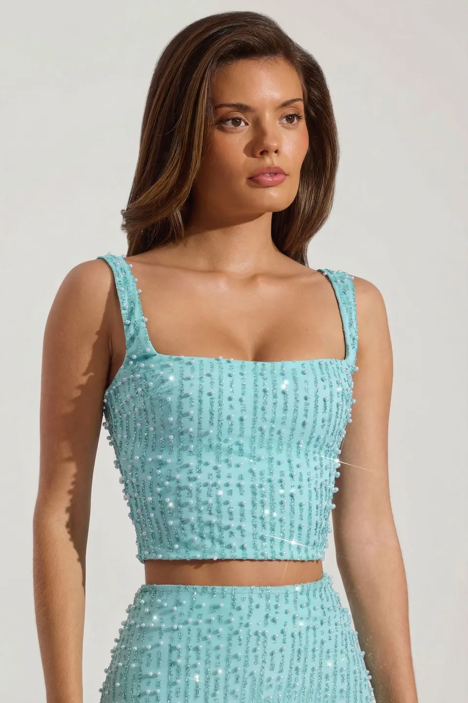 Oh Polly Lirael 14478 crop top col carré aquamarine perles