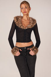 Oh Polly Lola Cardigan Mesh Noir Fourrure Léopard