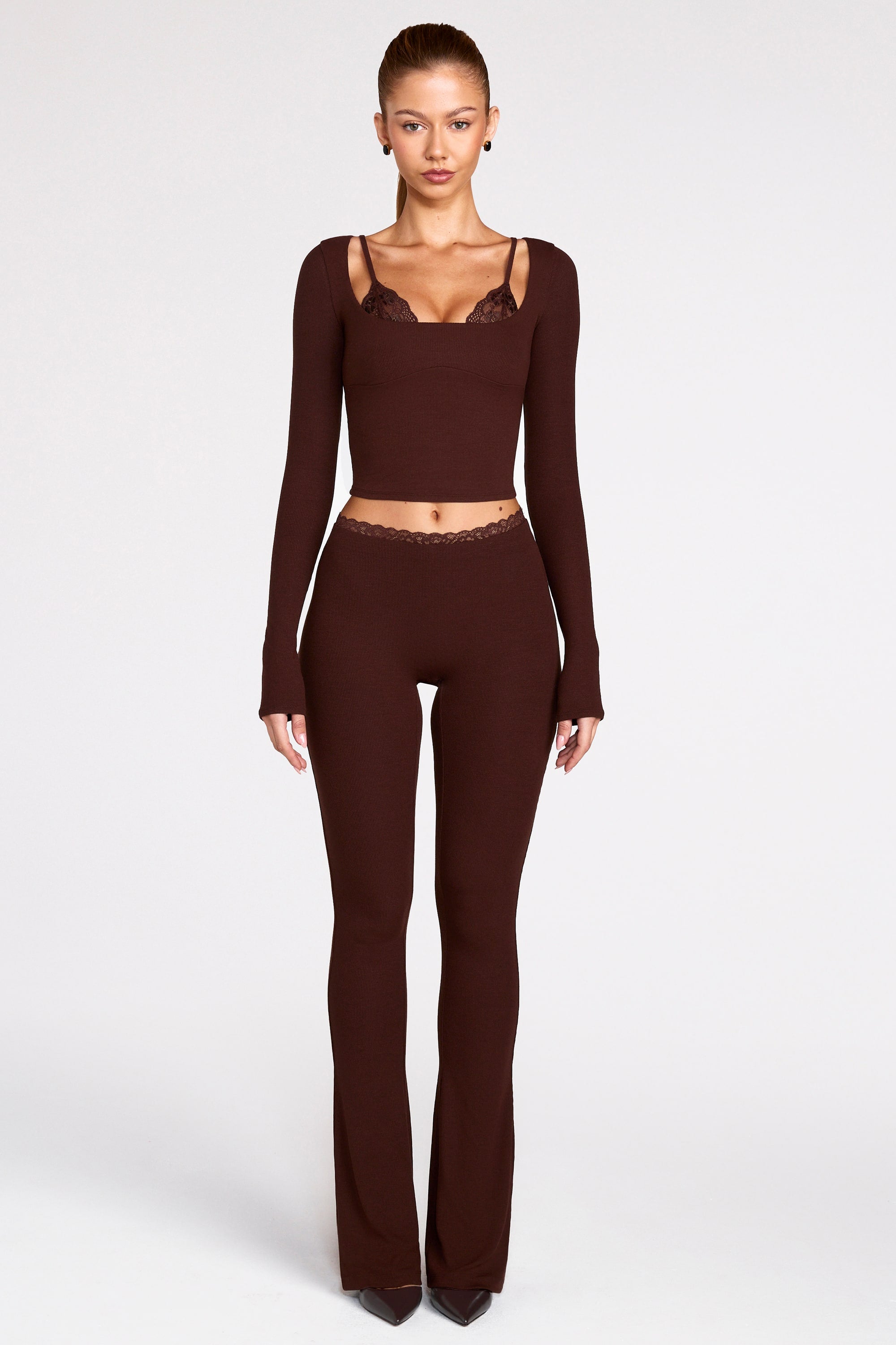 Oh Polly Philippa pantalon flare marron chocolat modal