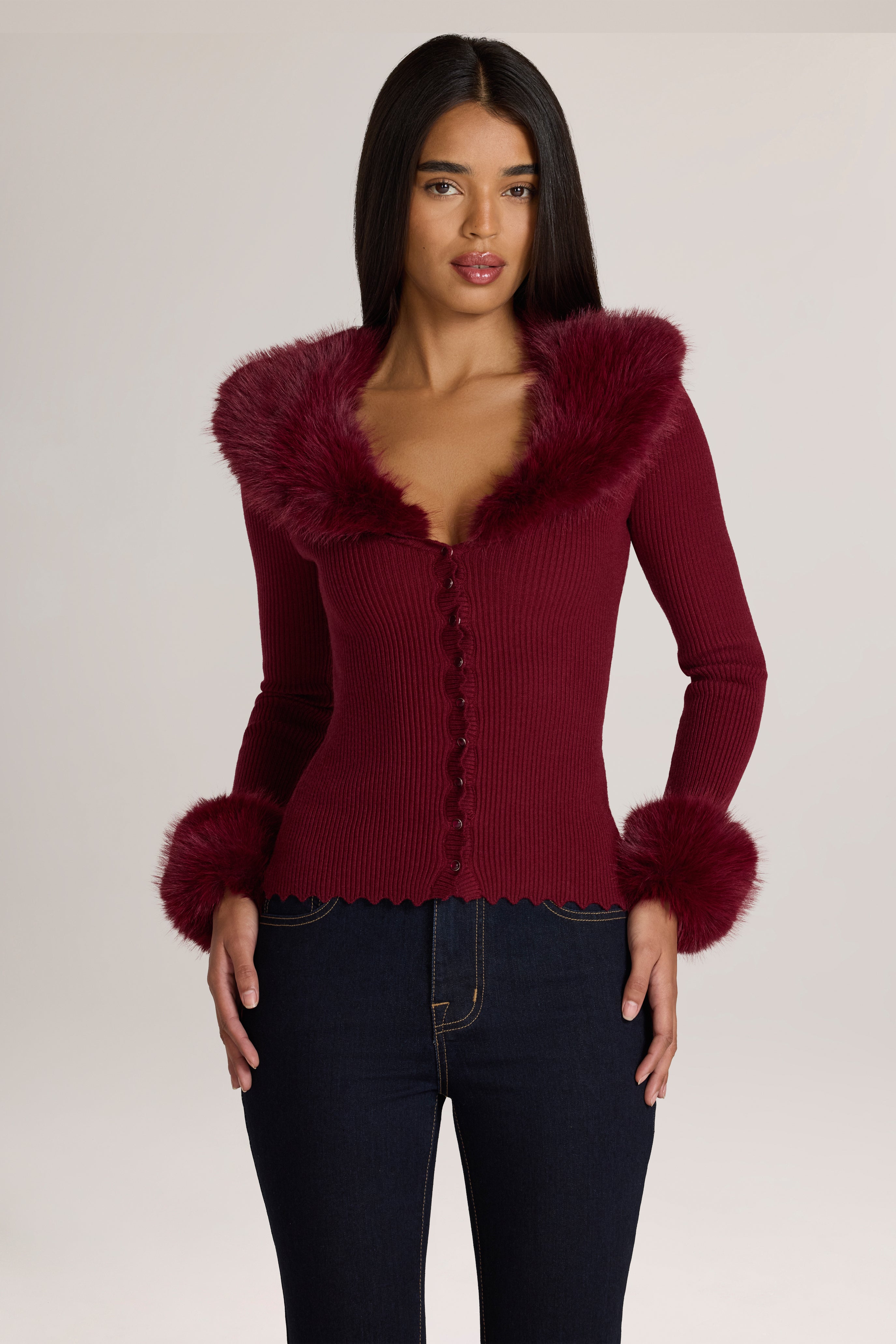 Oh Polly Lissie Cardigan Maille Bordeaux Col Fourrure